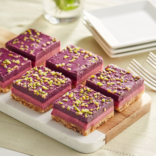 Plant-Based Vegan Raspberry and Blueberry Raw Cake Square